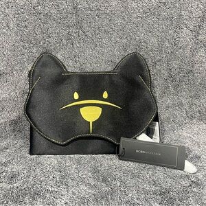 BCBG MaxAzria black satin French Bulldog embroidered envelope clutch bag NEW